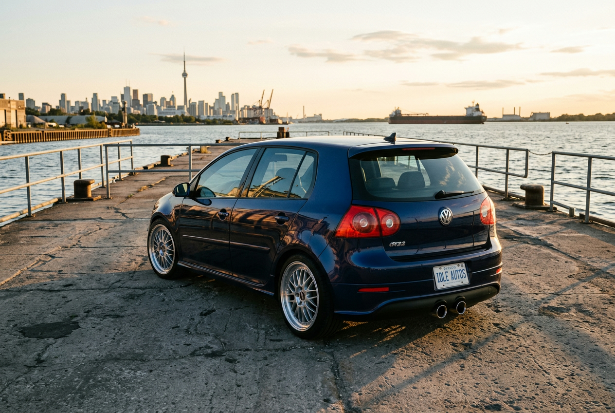 2008 VW Golf R32 mk5 in Deep Blue Pearl on industrial pier with Toronto skyline behind