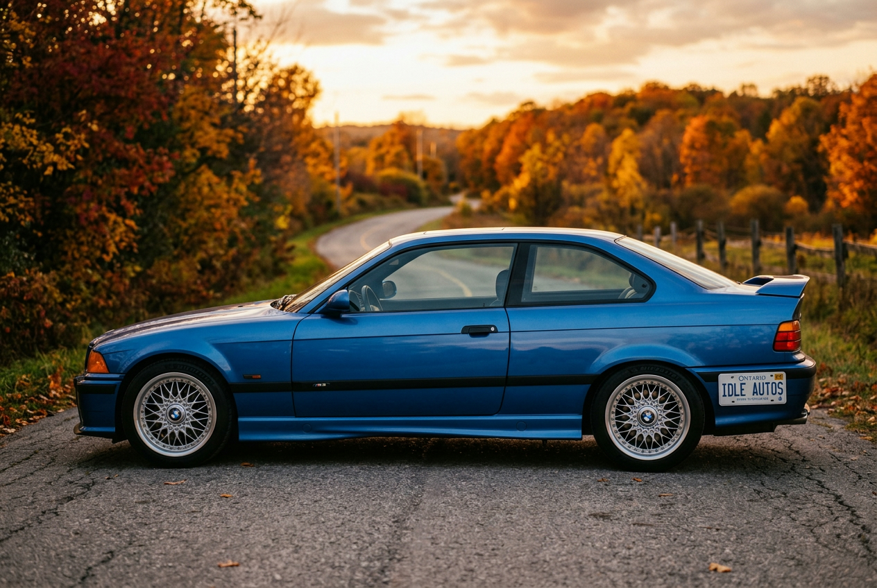 1995 BMW E36 M3 in Avus Blue on autumn Ontario backroad at sunset