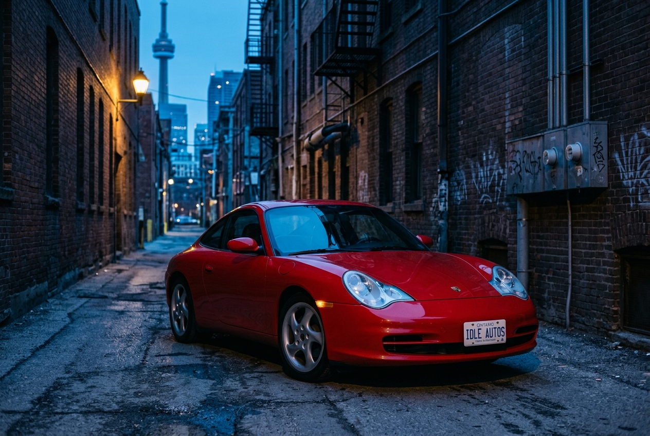 1999 Porsche 996 Carrera in Guards Red in downtown Toronto alley with CN Tower