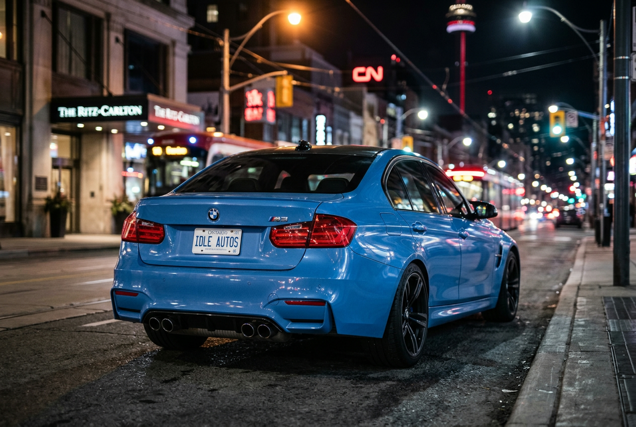 2014 BMW F80 M3 in Yas Marina Blue on King Street Toronto at night