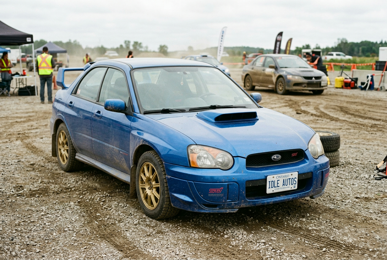 2005 Subaru WRX STi in World Rally Blue with gold wheels at rally lot