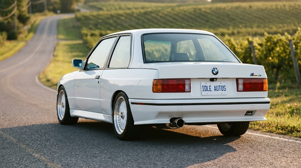 1988 BMW E30 M3 in Alpine White on Niagara backroad by vineyard