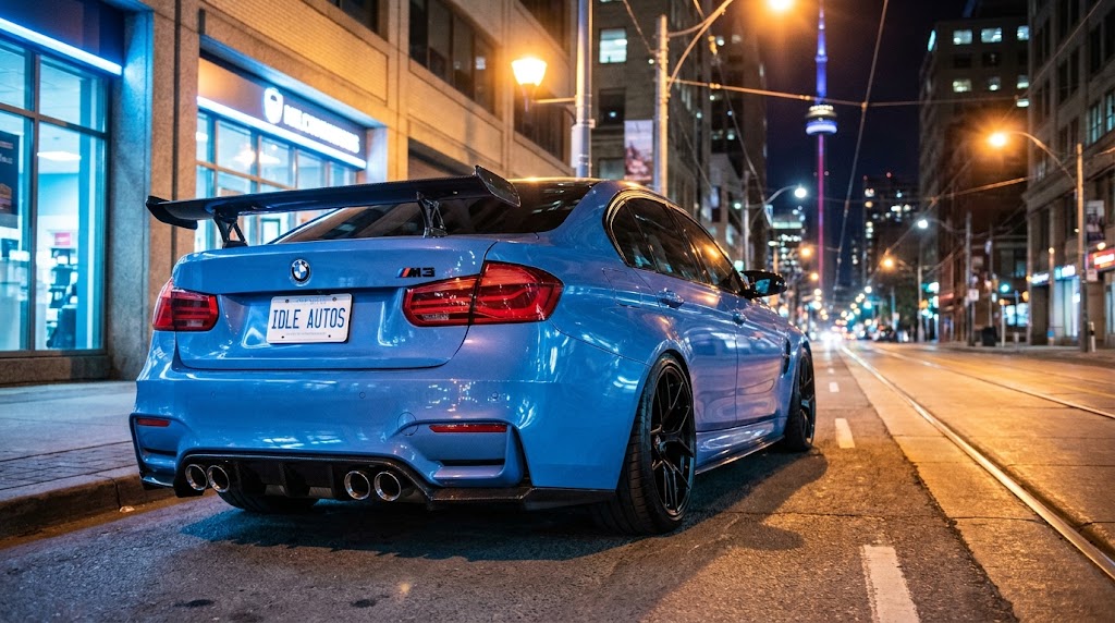 2014 BMW F80 M3 in Yas Marina Blue on King Street Toronto at night