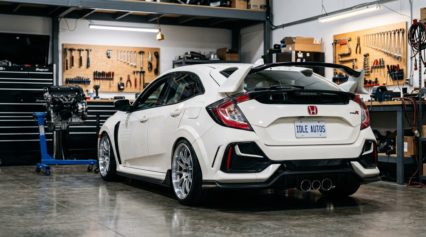 2018 Honda Civic Type R FK8 in Championship White in a Toronto-area performance shop with engine on hoist