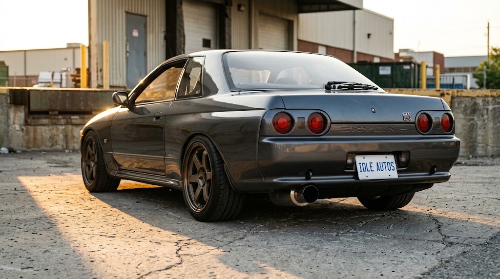 1990 Nissan Skyline GT-R R32 in gun metallic at industrial loading dock