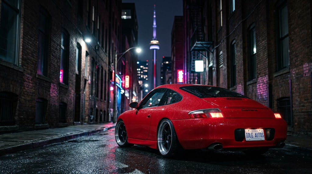 1999 Porsche 996 Carrera in Guards Red in downtown Toronto alley at night